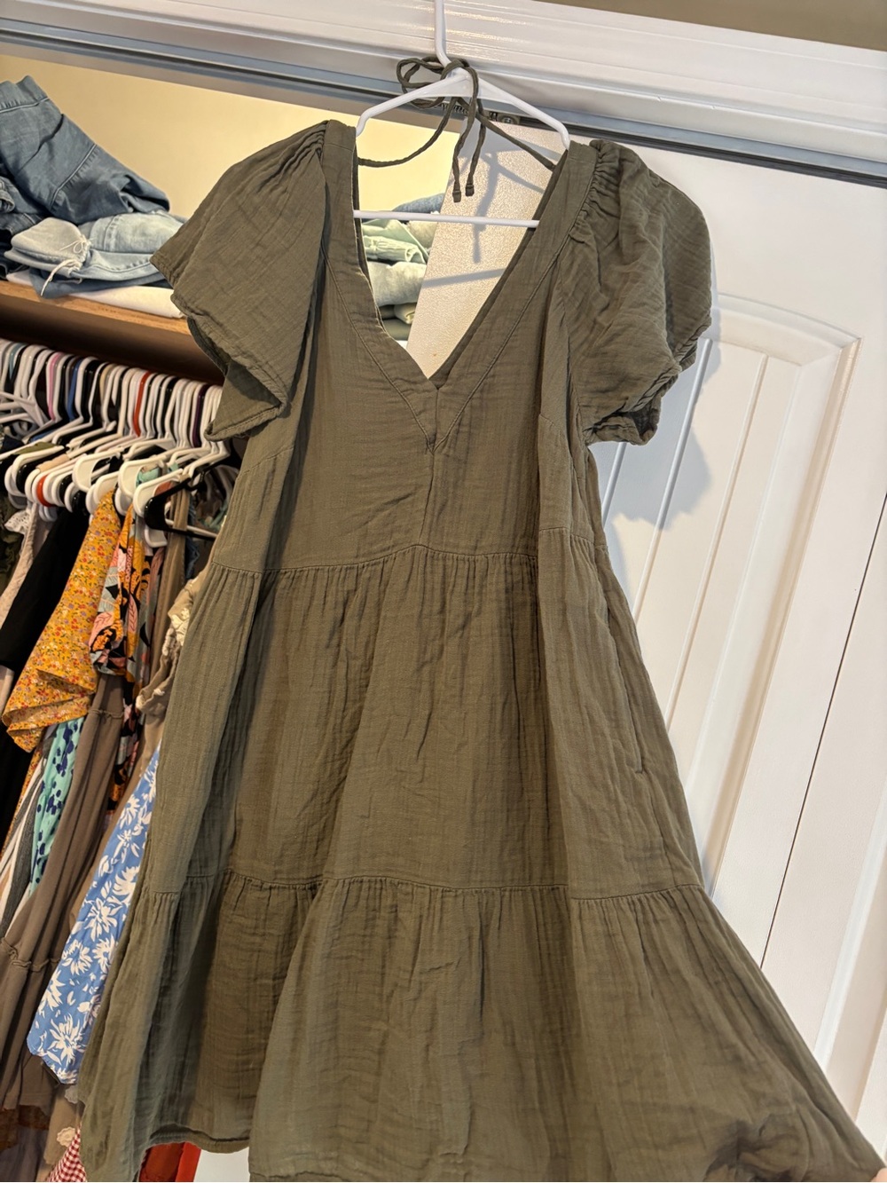 Olive V-Neck Tiered Cotton Dress - Women